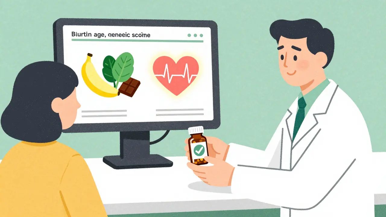 Pharmacist handing safe pill to patient with risk score screen and heart-healthy foods in background.