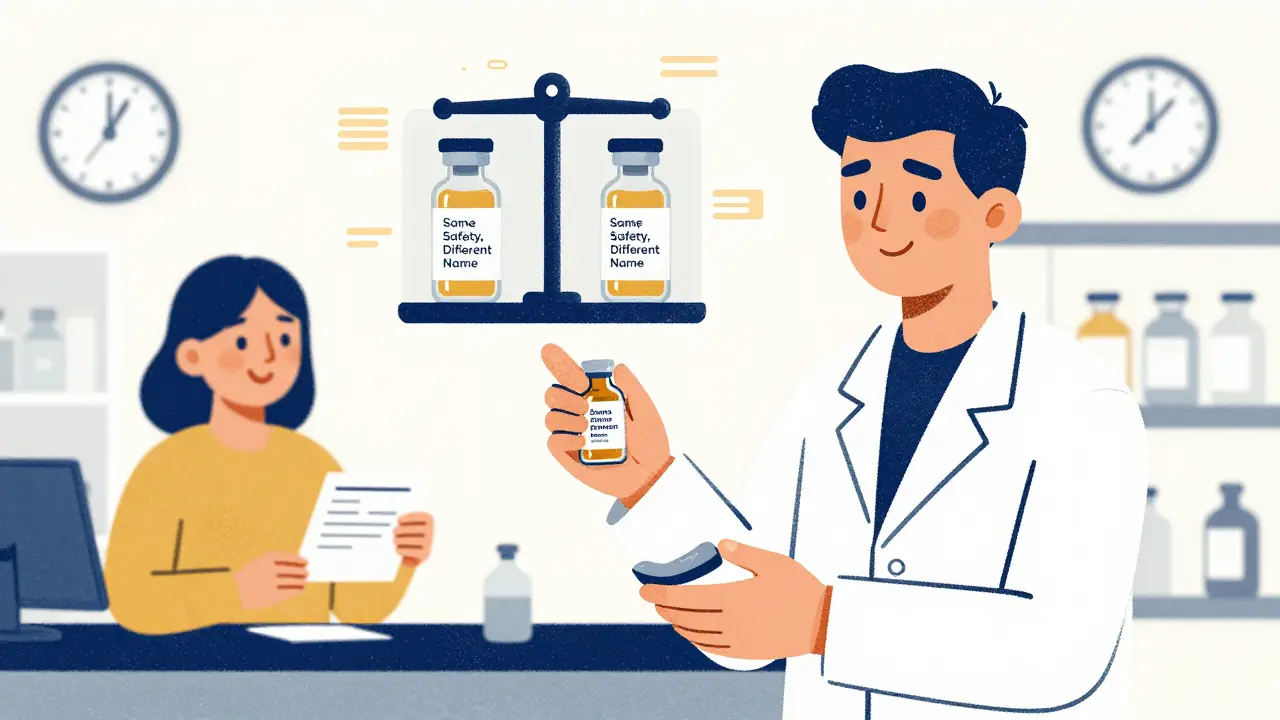 Pharmacist swapping a biosimilar for a brand-name drug, patient smiling, scale showing equal safety.