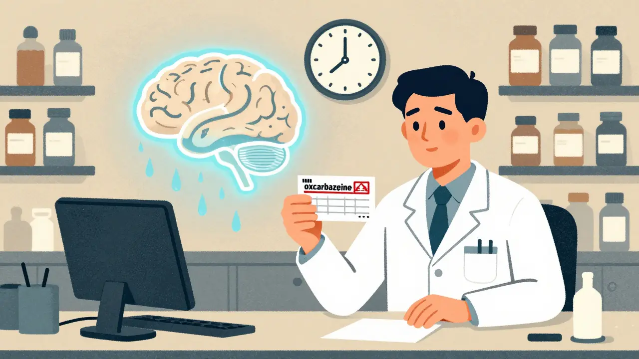 Pharmacist warning about a dangerous medication, with a brain diagram showing water flooding cells in stylized risograph art