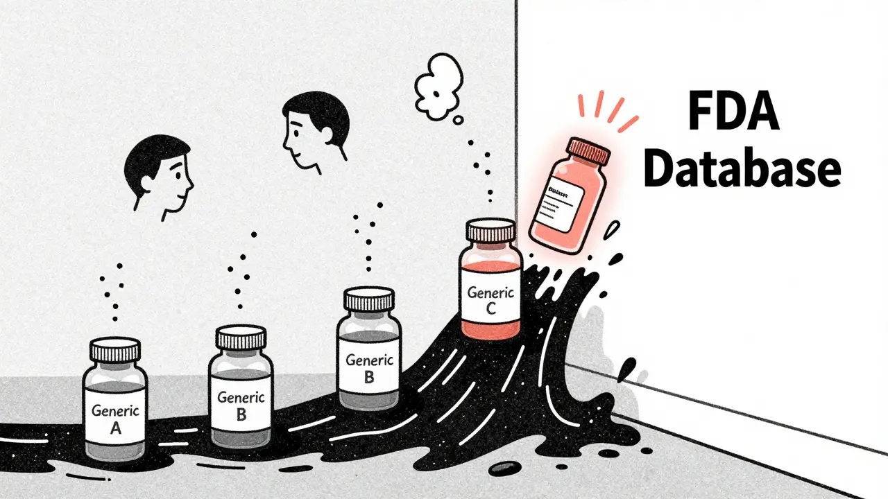 Pill bottles linked in a wave crashing into FDA database, one glowing with signal upward.