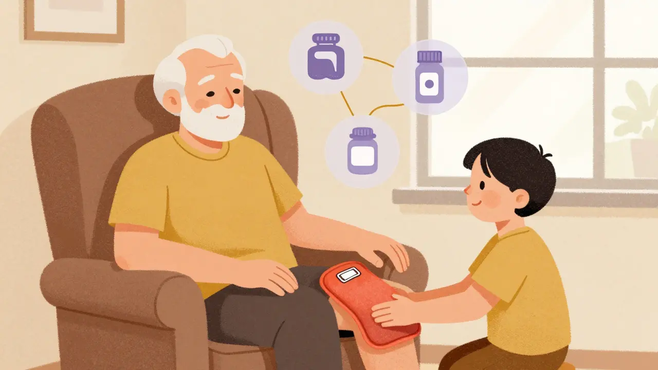 Senior enjoying time with grandchild using non-opioid pain relief methods.