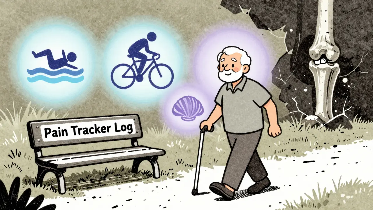 Senior walking trail with exercise icons, pain log nearby, abstract joint damage fading in background.