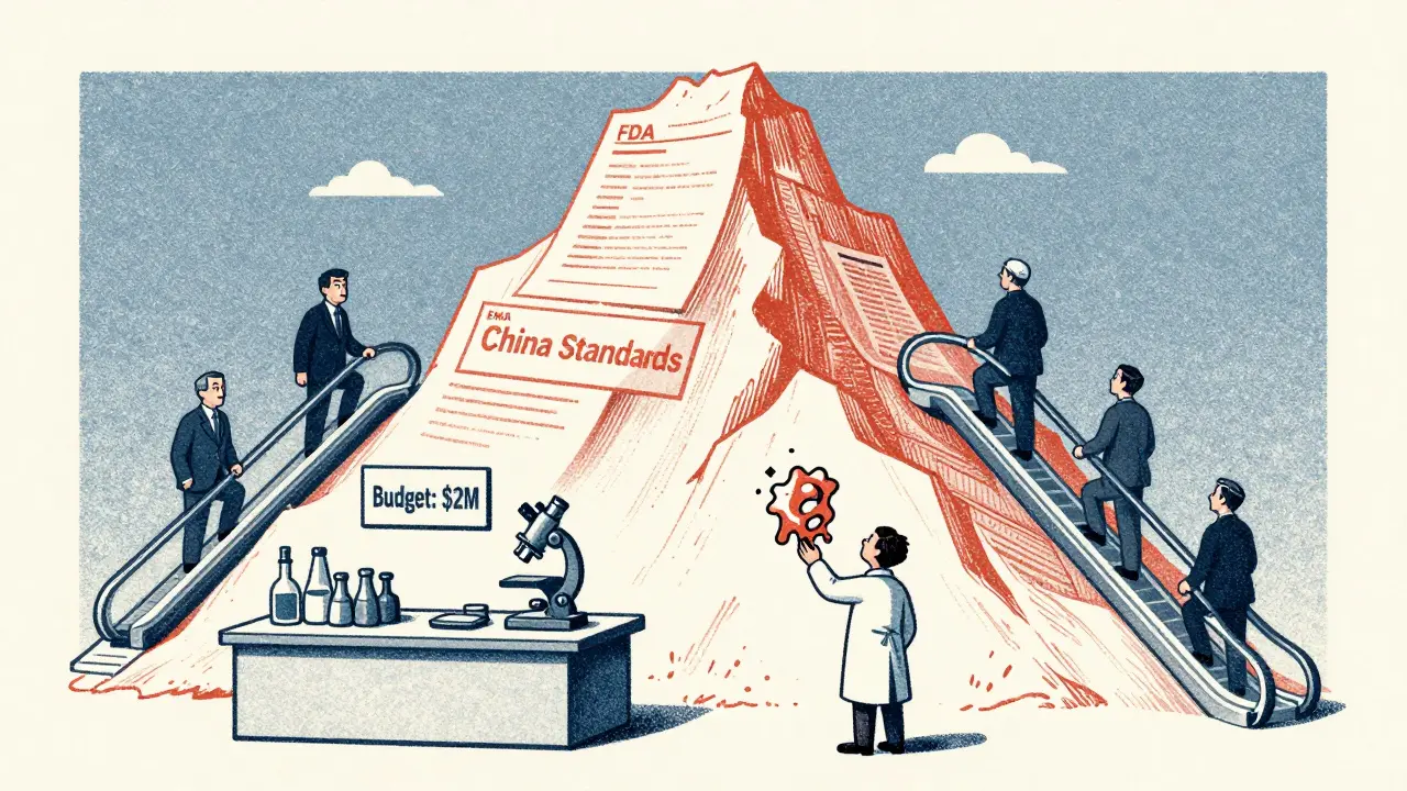 Small lab overwhelmed by a mountain of international regulatory documents