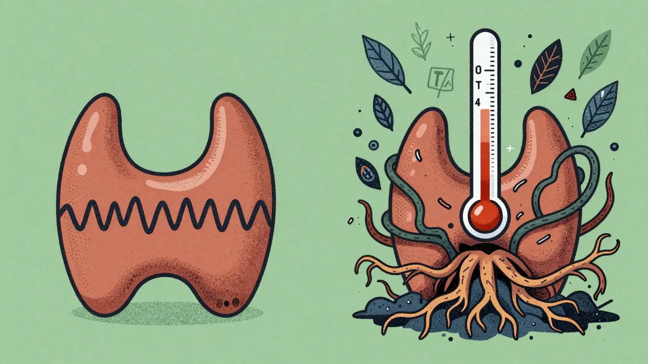 Split illustration of balanced vs. exploding thyroid gland with hormone charts spiking.
