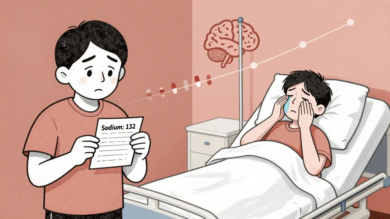 Split illustration showing progression from normal sodium to seizure, with pills and swelling icons in muted risograph tones