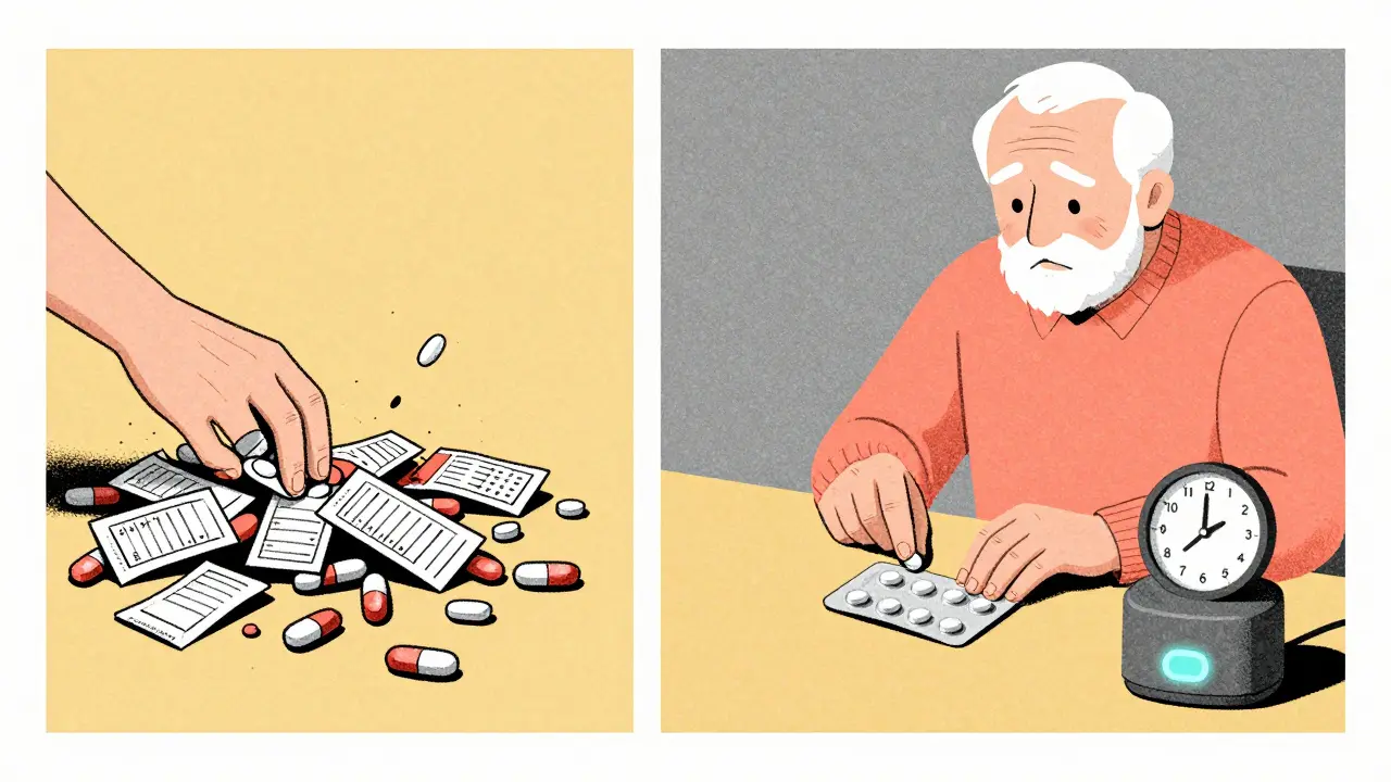 Split image: chaotic pills on left, calm single pill with smart dispenser on right.