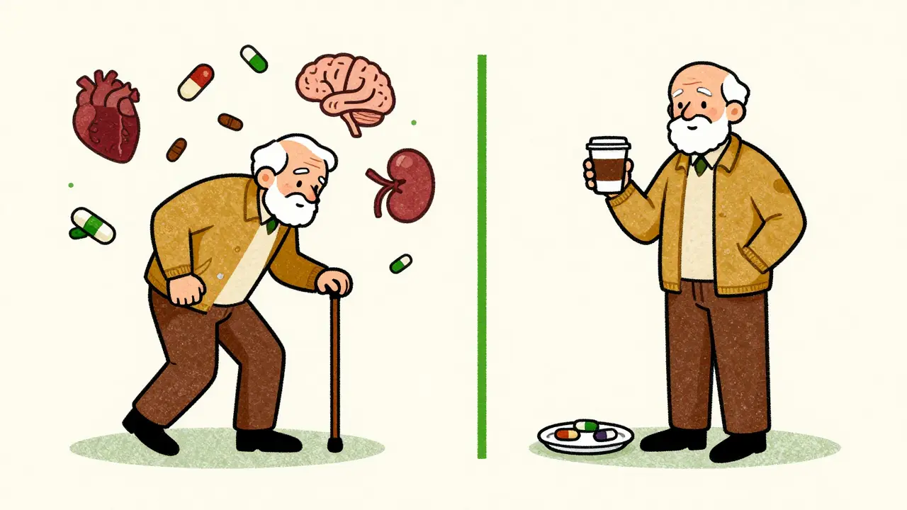 Split image: senior stumbling with too many meds vs. steady and calm with only essential pills.