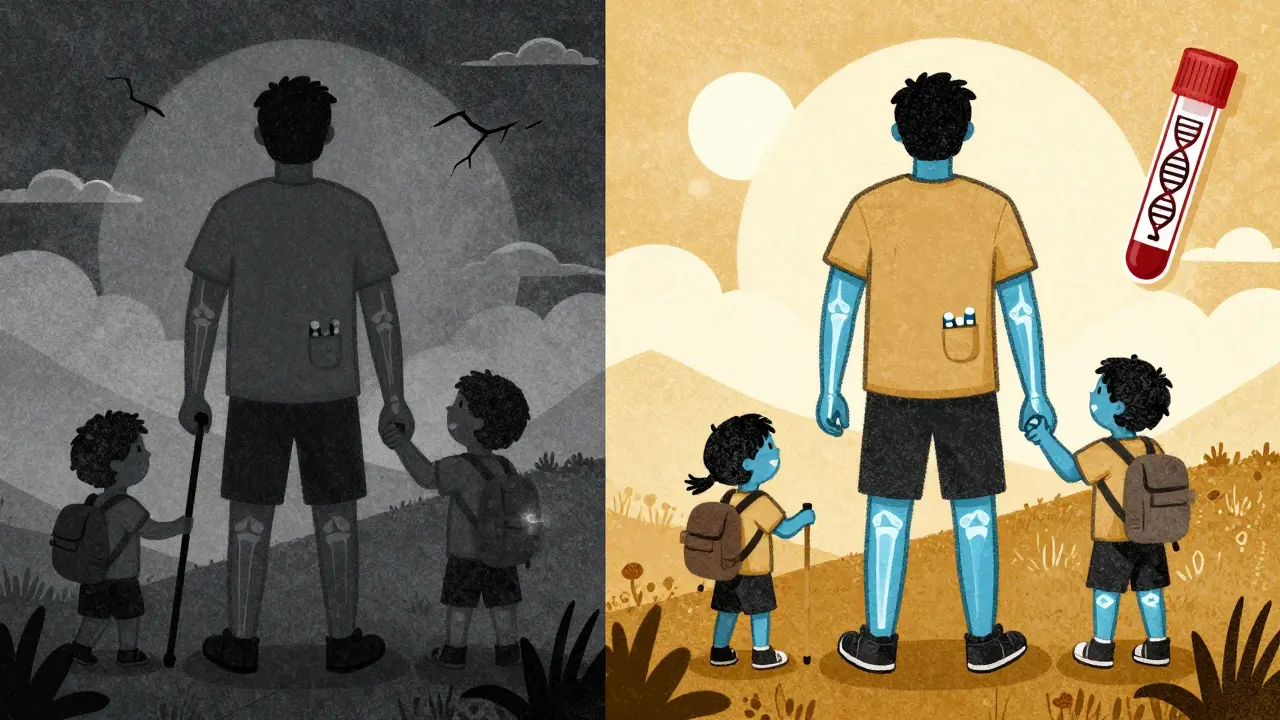 Split scene: person moving from cane to hiking, joints transforming from damaged to healthy