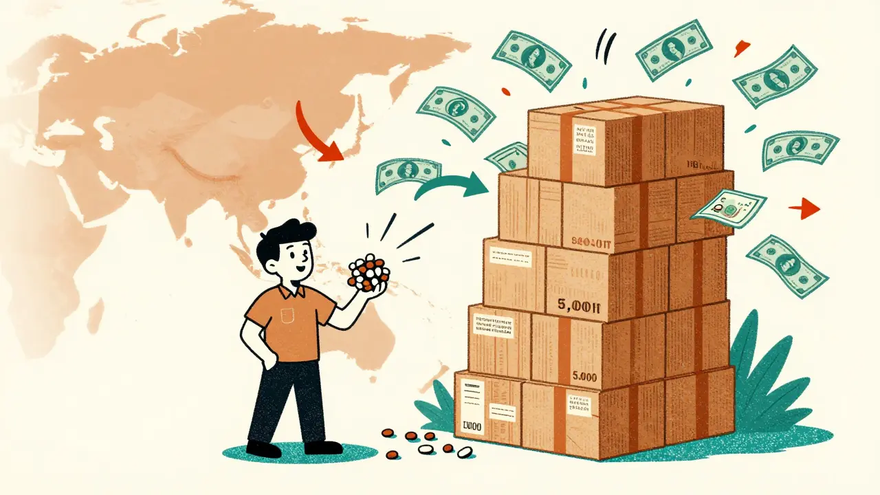 Startup founder comparing small domestic order to massive overseas batch, with shipping costs flying away.