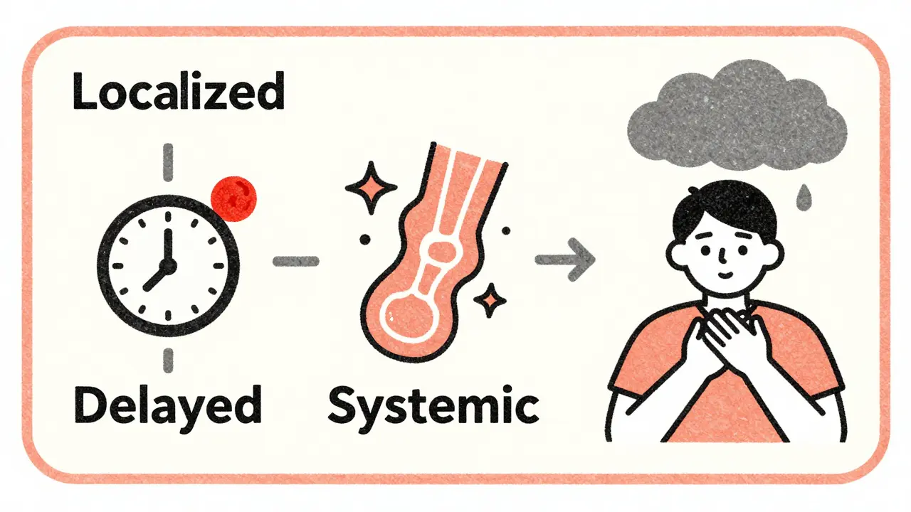 Three stylized icons representing localized, delayed, and systemic insulin reactions in a medical chart format
