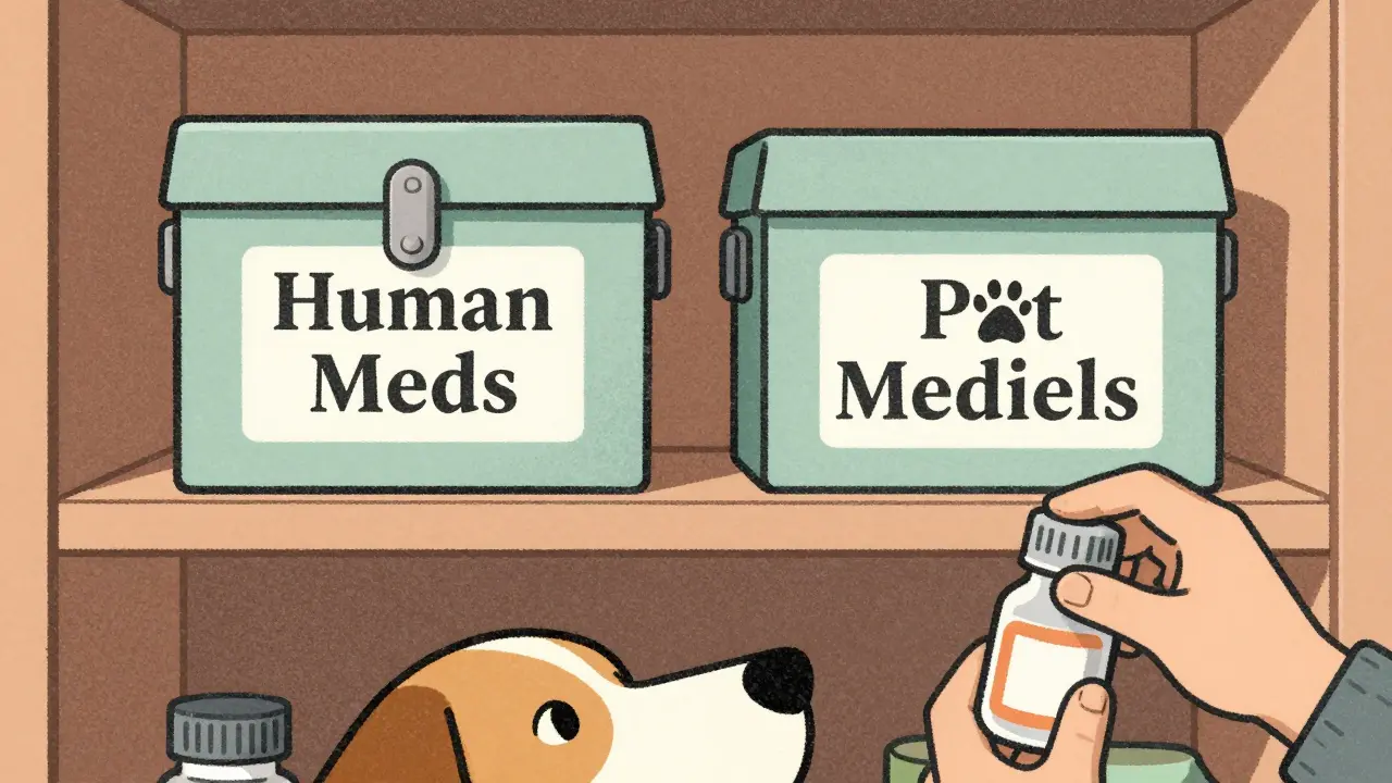 Two locked medicine boxes in a kitchen pantry, labeled for human and pet meds, stored high above a curious dog's reach.