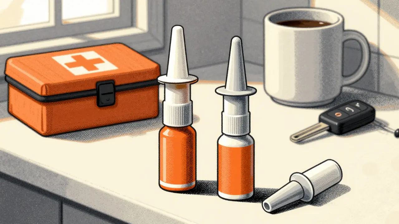 Two naloxone nasal spray devices on a counter next to car keys and a coffee mug, one used and one new.