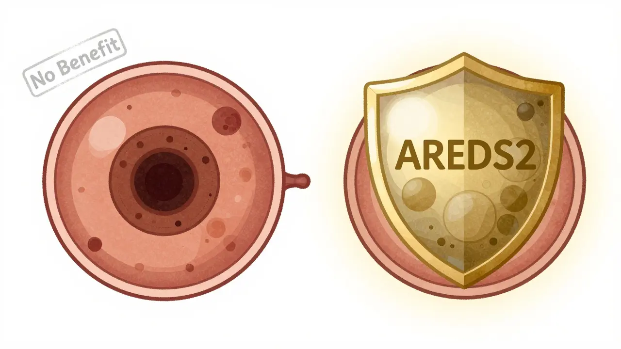 Two retinas side by side showing early vs intermediate AMD with protective shield