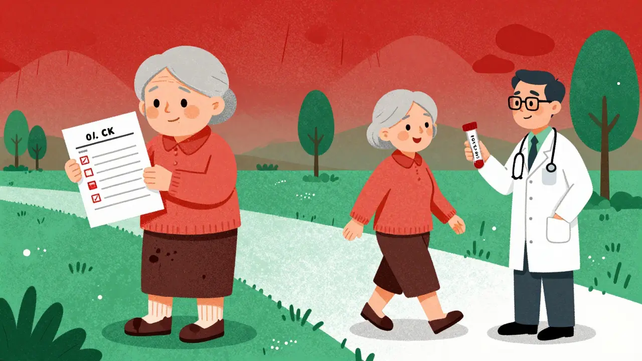 Woman holding blood test and genetic vial, transitioning from illness to safe walking path