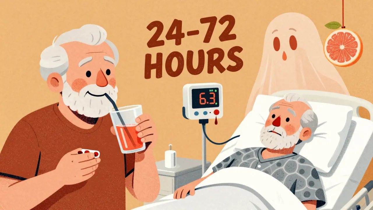 A man enjoying grapefruit juice at home contrasts with him bleeding in a hospital bed, INR monitor flashing dangerously high.