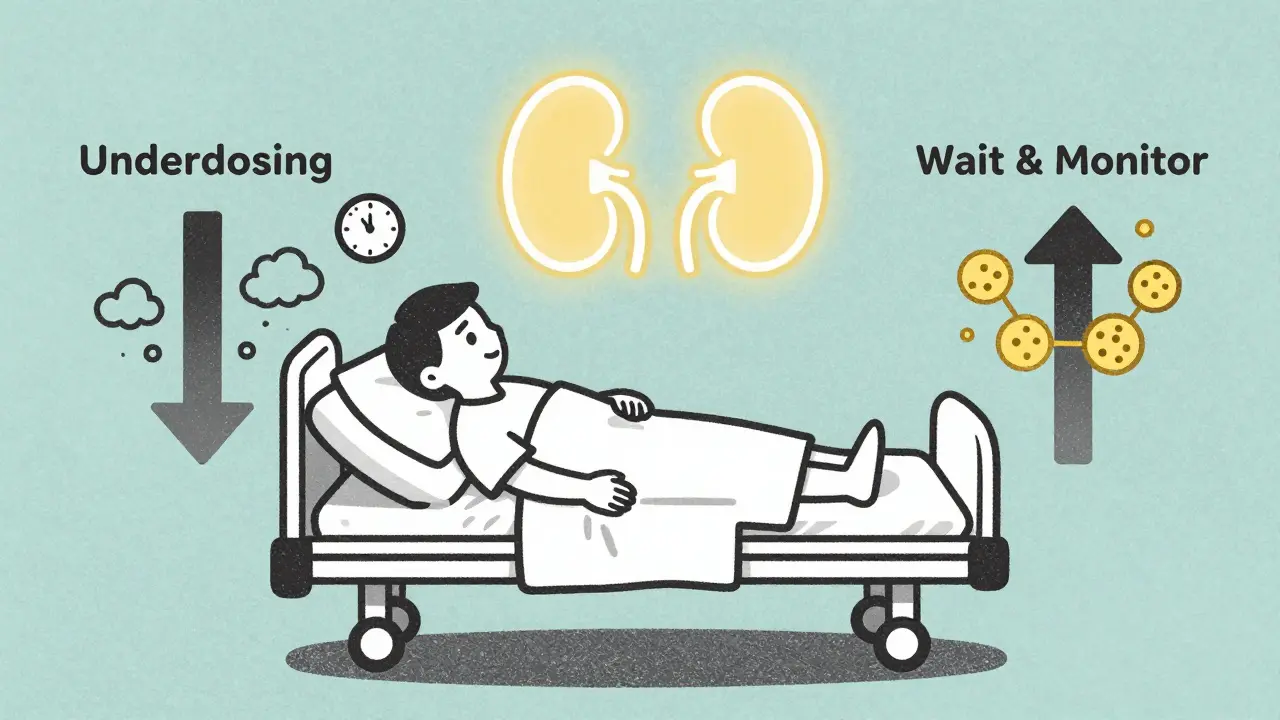 A patient's healing kidney over 48 hours, contrasting underdosing and careful monitoring outcomes.