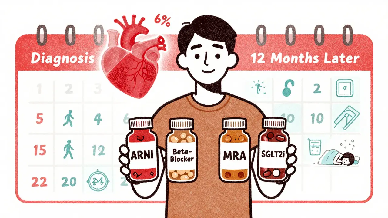 A person holding four heart failure medications beside a glowing heart showing 60% reduced mortality risk, with daily life icons in the background.