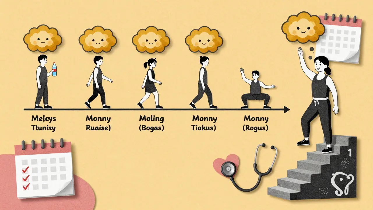 A timeline showing gradual weight loss improving hip function through diet, walking, and tai chi over 12 months.