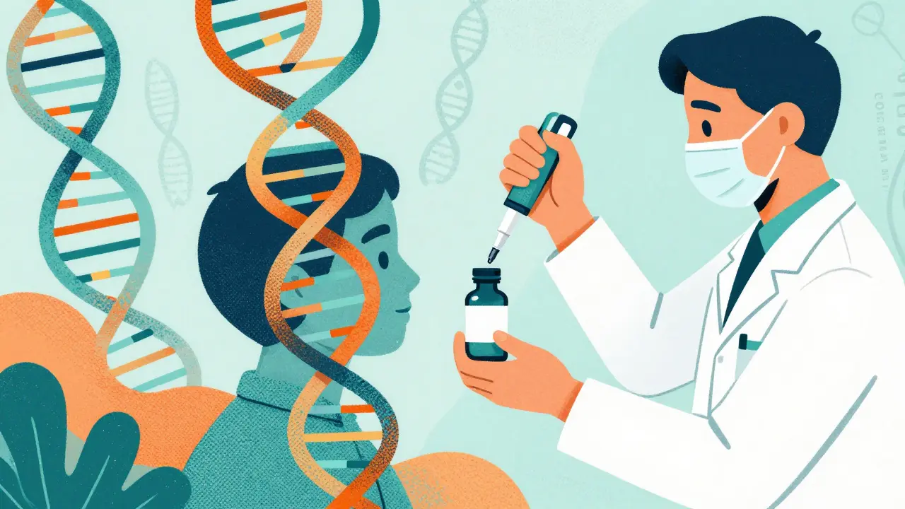 Abstract DNA strands with pharmacist customizing medication.