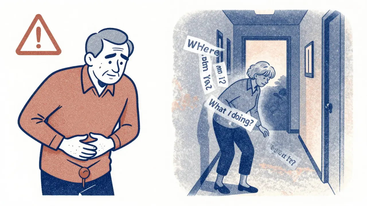 An older man in discomfort and a woman stumbling at dawn, surrounded by memory fragments.