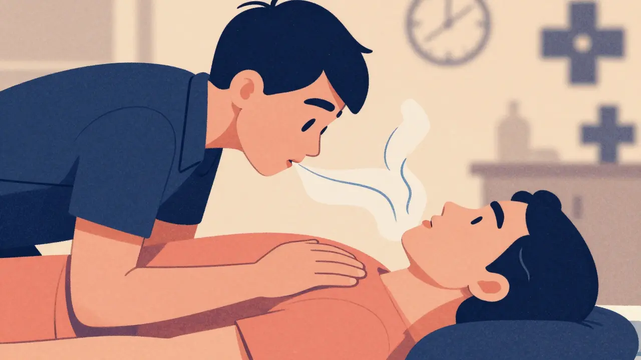 Bystander performing rescue breathing on an overdosed person, breath line visible, side-lying position.