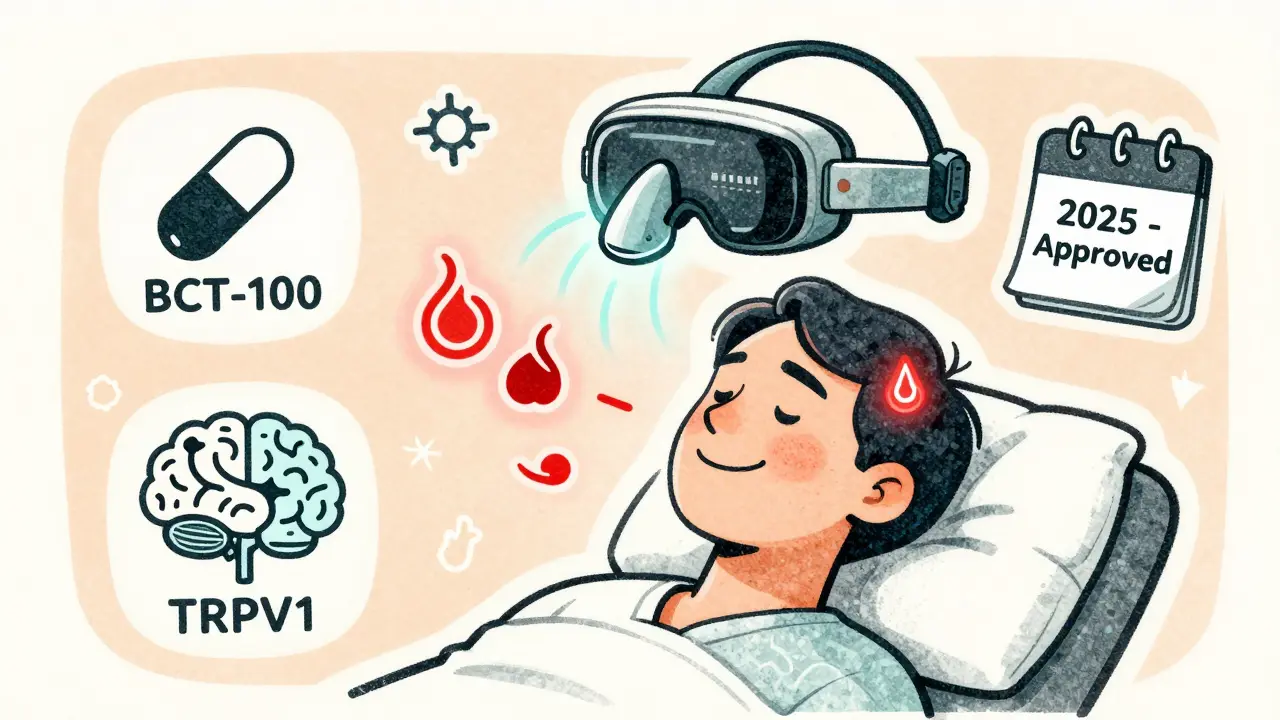 Futuristic nasal device with glowing TRPV1 receptors and emerging therapy icons in risograph illustration.