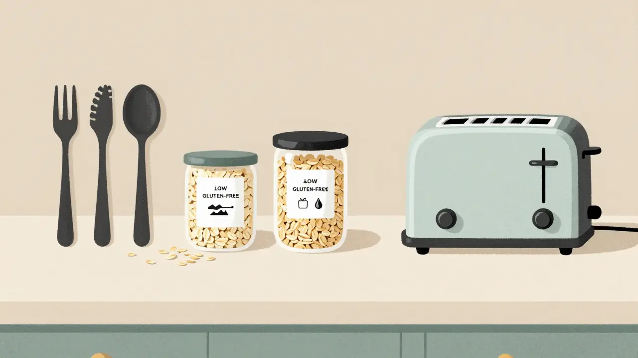Kitchen with separate gluten-free utensils and certified oats