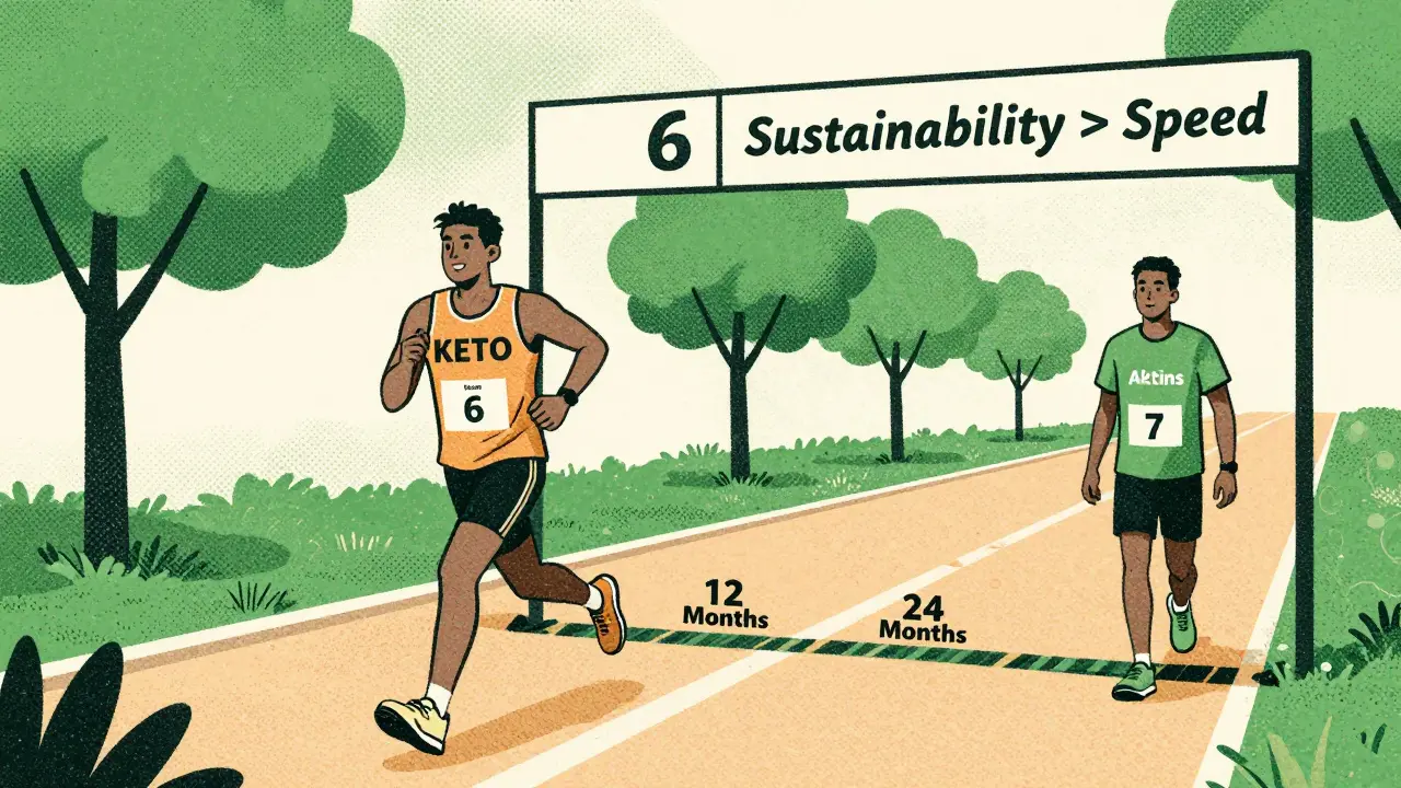 Marathon race with keto sprinter and Atkins walker, showing long-term sustainability versus short-term speed.