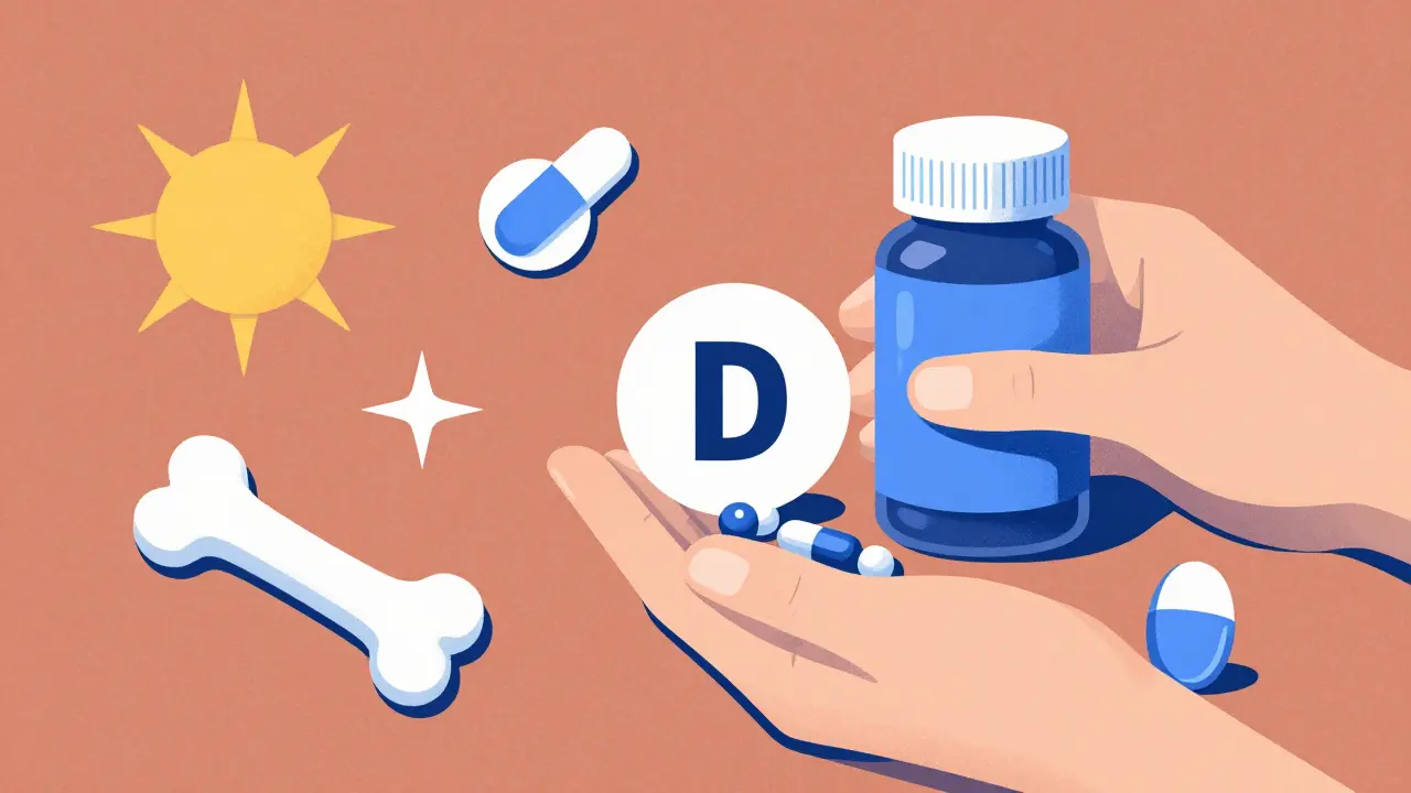 Person taking supplements with abstract symbols for iron, vitamin D, and calcium