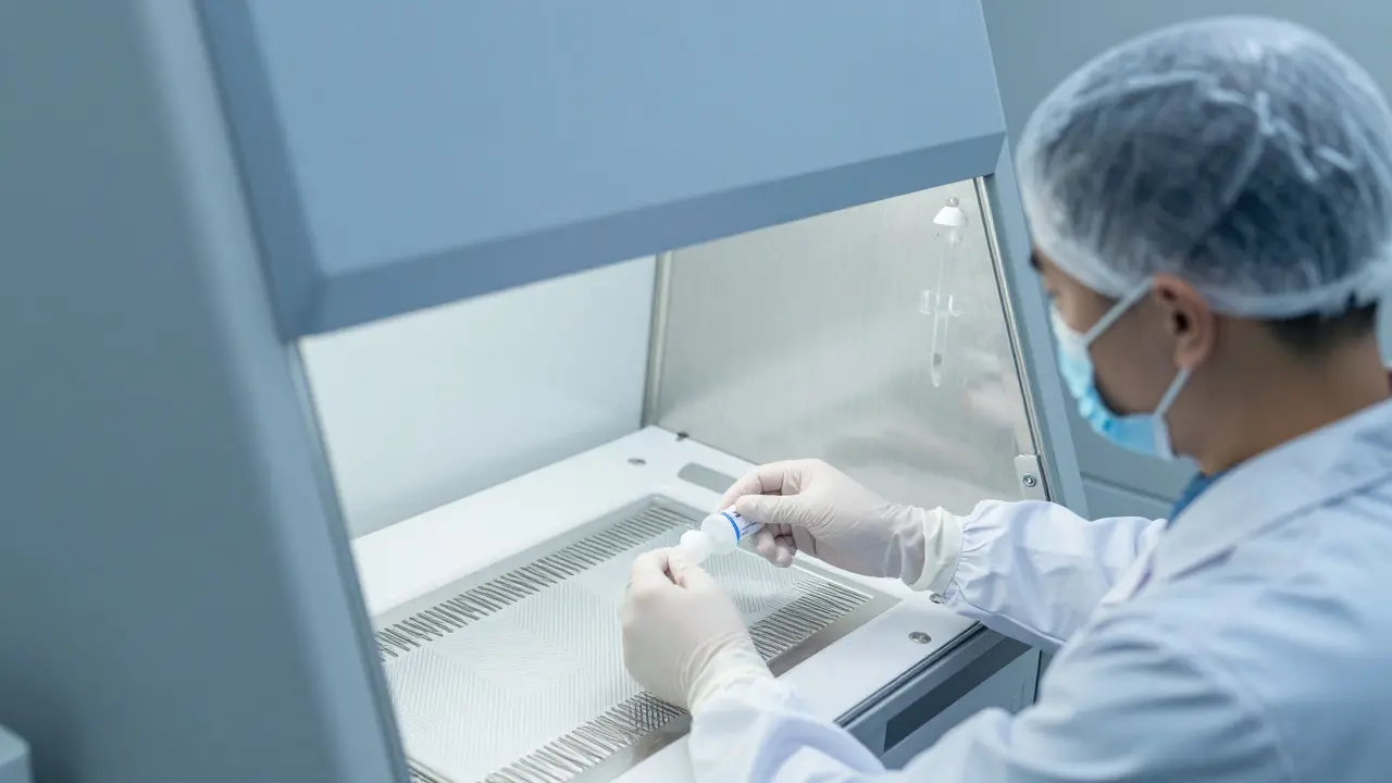Pharmacist in cleanroom preparing sterile IV solution.