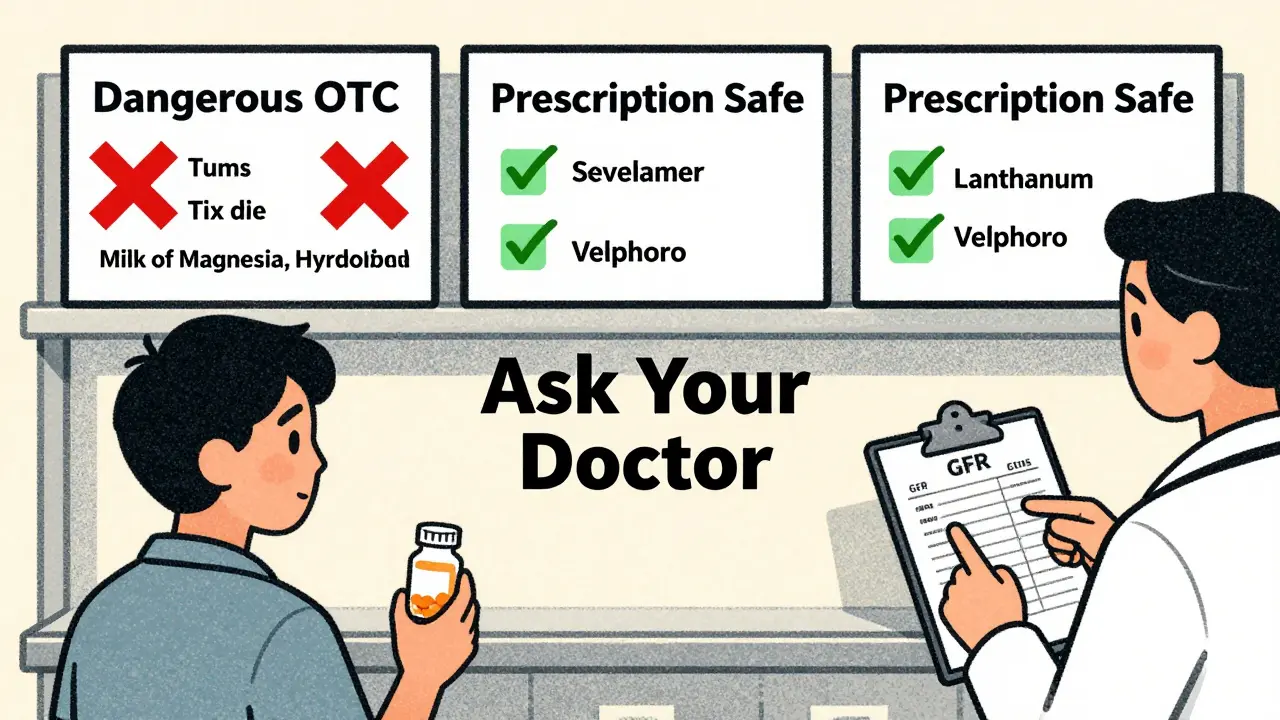 Pharmacy shelf divided into dangerous OTC antacids, safe prescription binders, and a reminder to consult a doctor.