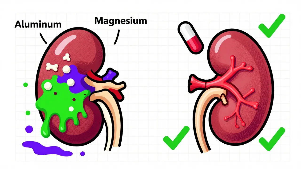 Split image of damaged kidney leaking toxins versus clean kidney with prescription binder pill above it.