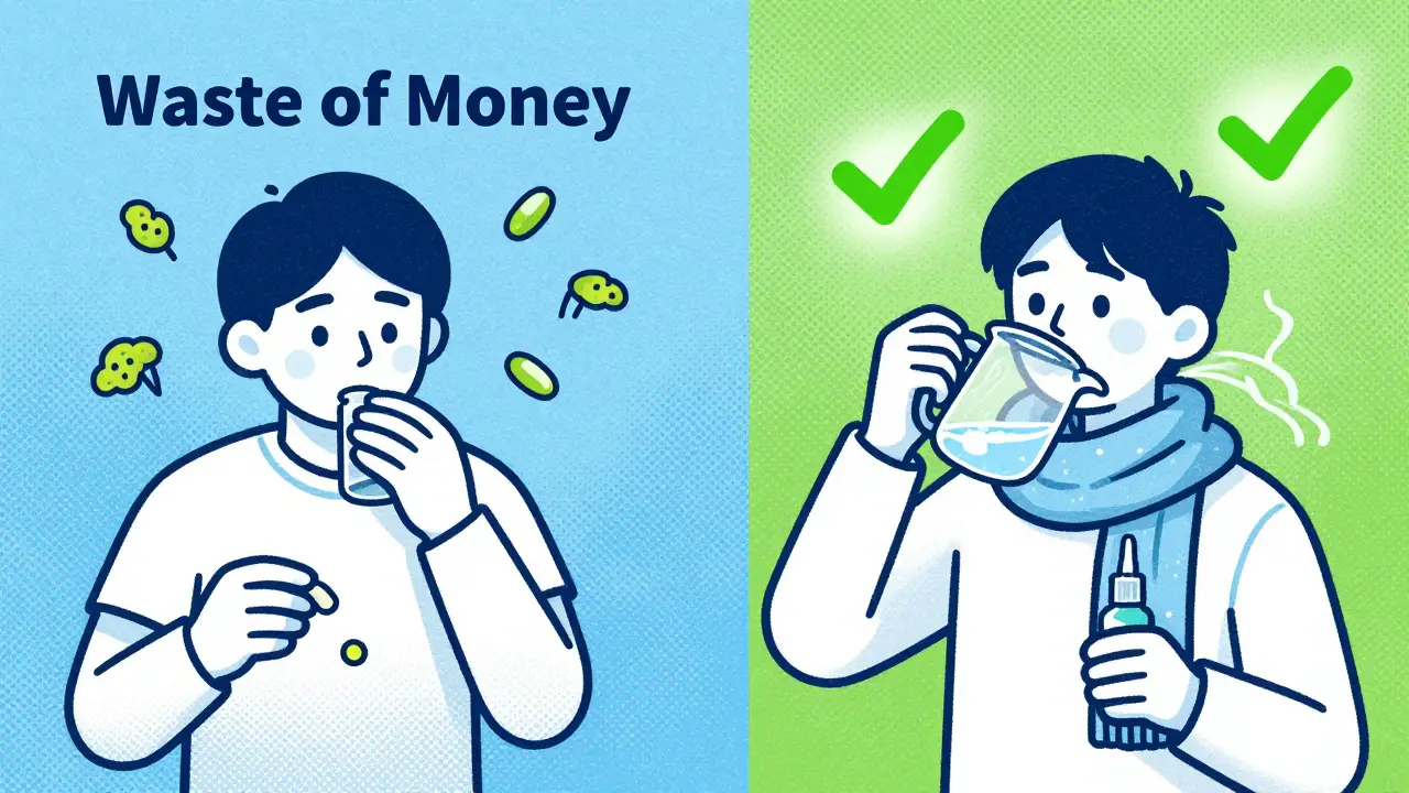 Split scene: left side with ineffective allergy pills, right side with effective saline rinse and nasal spray.