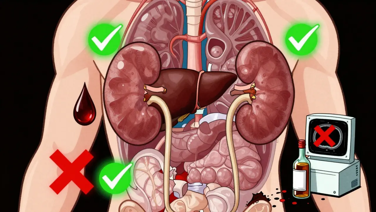 Transparent human body with healthy organs and warning symbols for alcohol and CT contrast