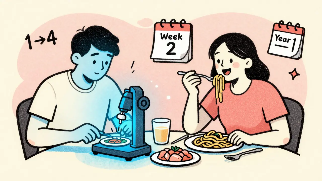 Two diners at a table—one measuring food strictly, the other enjoying pasta with phase indicators floating nearby.