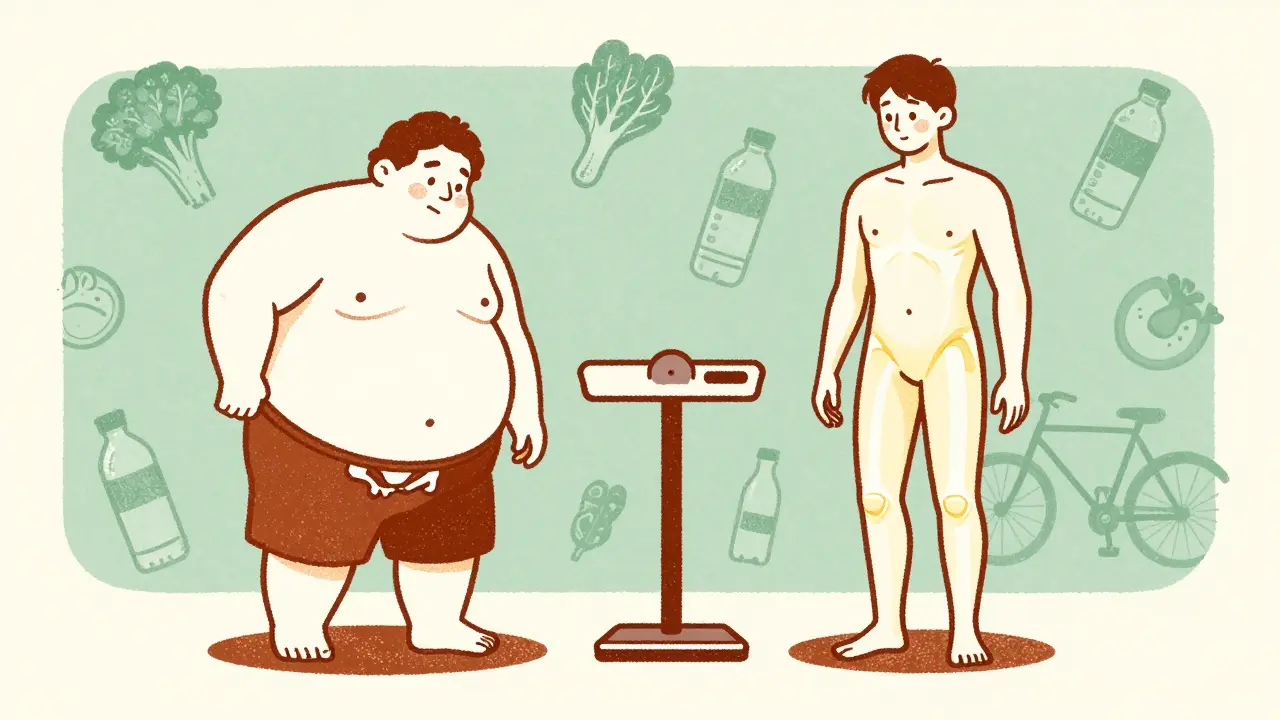 Two figures comparing obese and lean body states with hip joint health, surrounded by healthy food and exercise symbols.