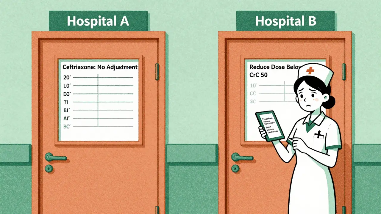 Two hospital doors with conflicting antibiotic dosing guidelines displayed on charts beside them.
