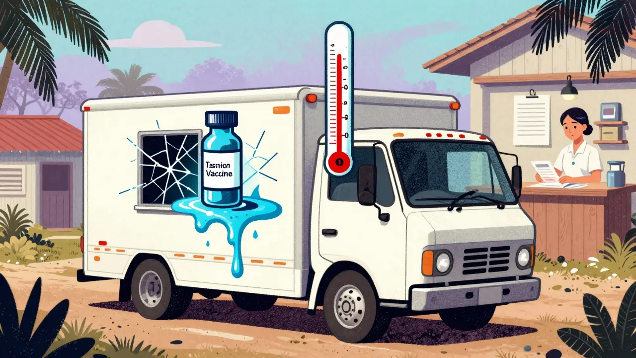 A broken refrigerated truck leaking melting insulin vials in a rural clinic with empty shelves.