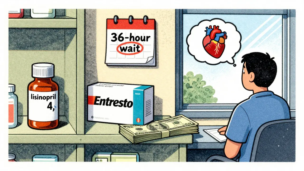 A comparison of affordable lisinopril and expensive Entresto on a pharmacy shelf, with a patient contemplating access barriers.