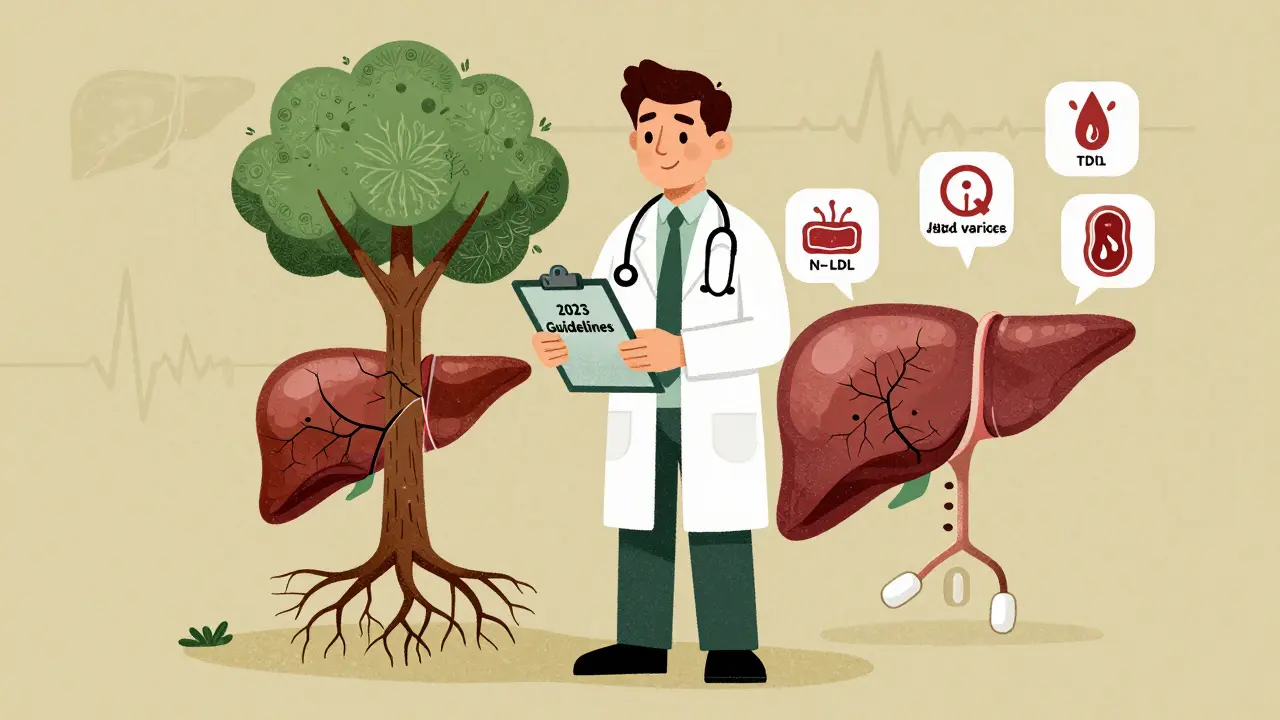 A doctor and patient beside a healing liver tree, with medical icons showing reduced bleeding and improved blood flow.