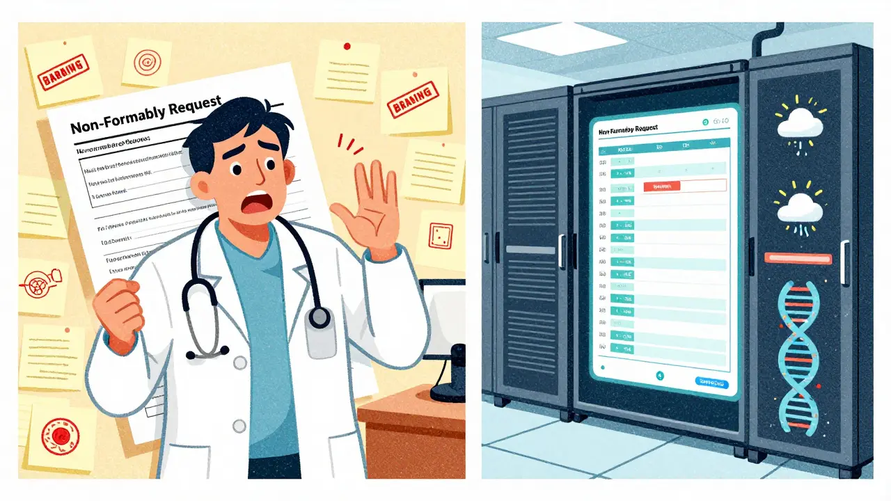 A doctor struggles with paperwork while an AI system dynamically updates a formulary.