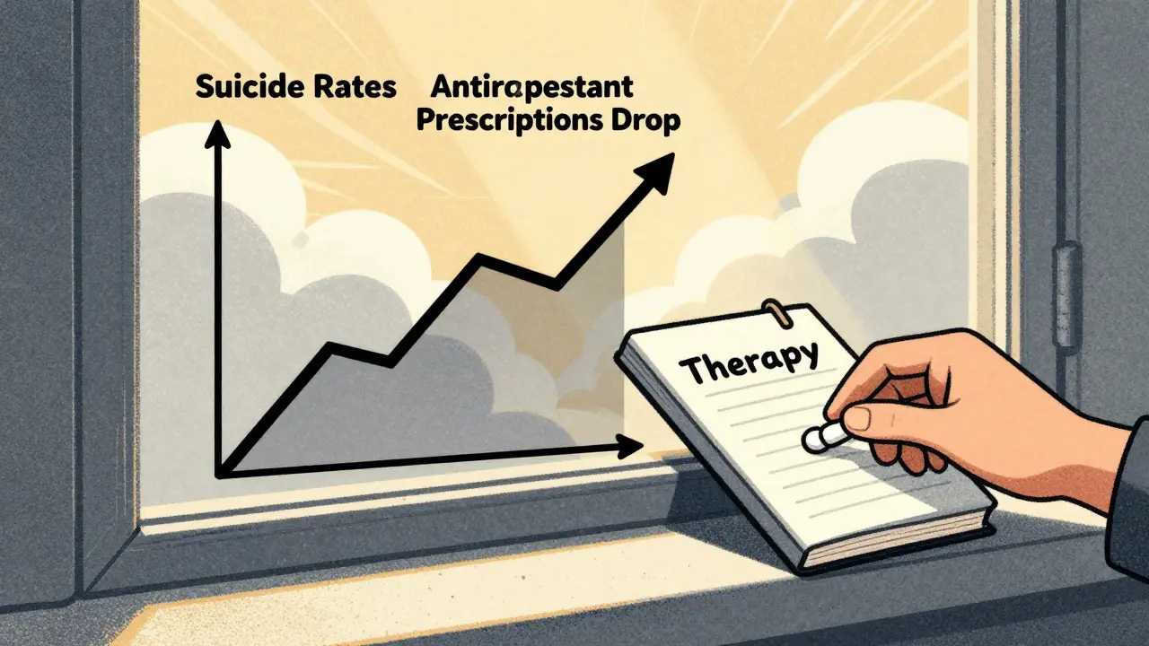 A graph shows rising suicide rates after prescription drops, while sunlight breaks through as treatment resumes.