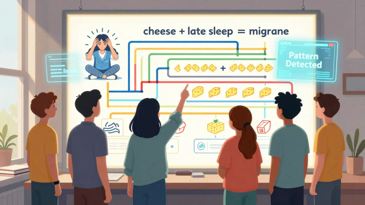 A group examining a colorful wall chart of health patterns, with floating icons showing cheese, sleep, and migraine connections.