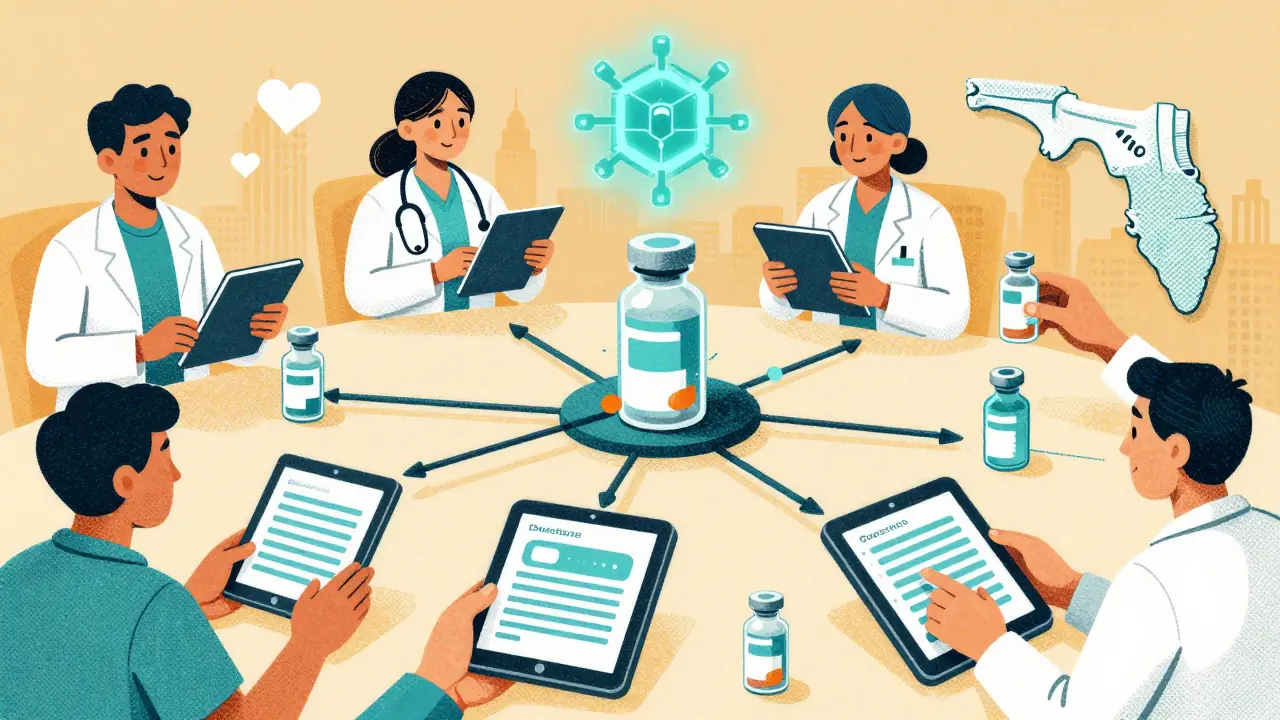 A network of hands passing insulin vials through open-source tech, symbolizing patient-led solutions.