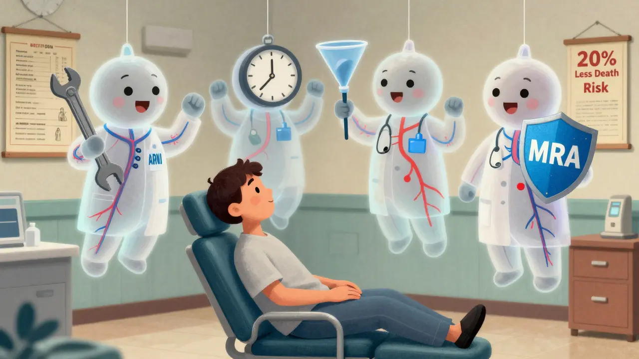A patient supported by four symbolic doctor-figures representing key heart failure medications in a clinic setting.