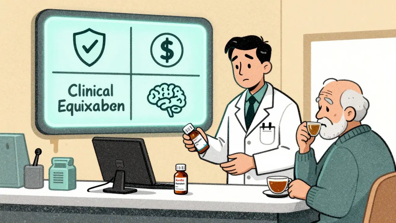 A pharmacist swaps a medication bottle while an elderly patient looks on in a nursing home.