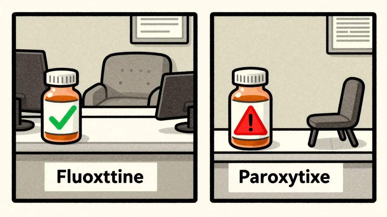 A pharmacy counter shows two medication paths: one safe with support, one risky with warning signs.
