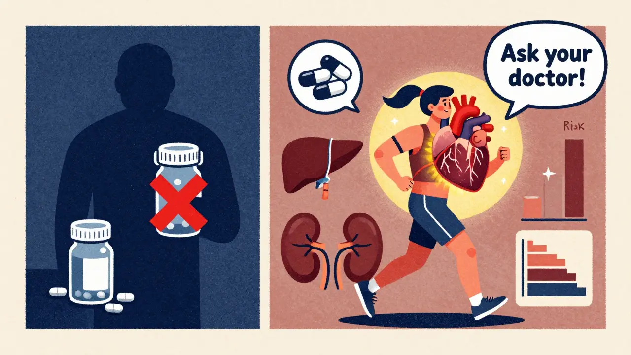 A split scene: left shows fear of statins, right shows a healthy patient with protective icons and kidney pathways.