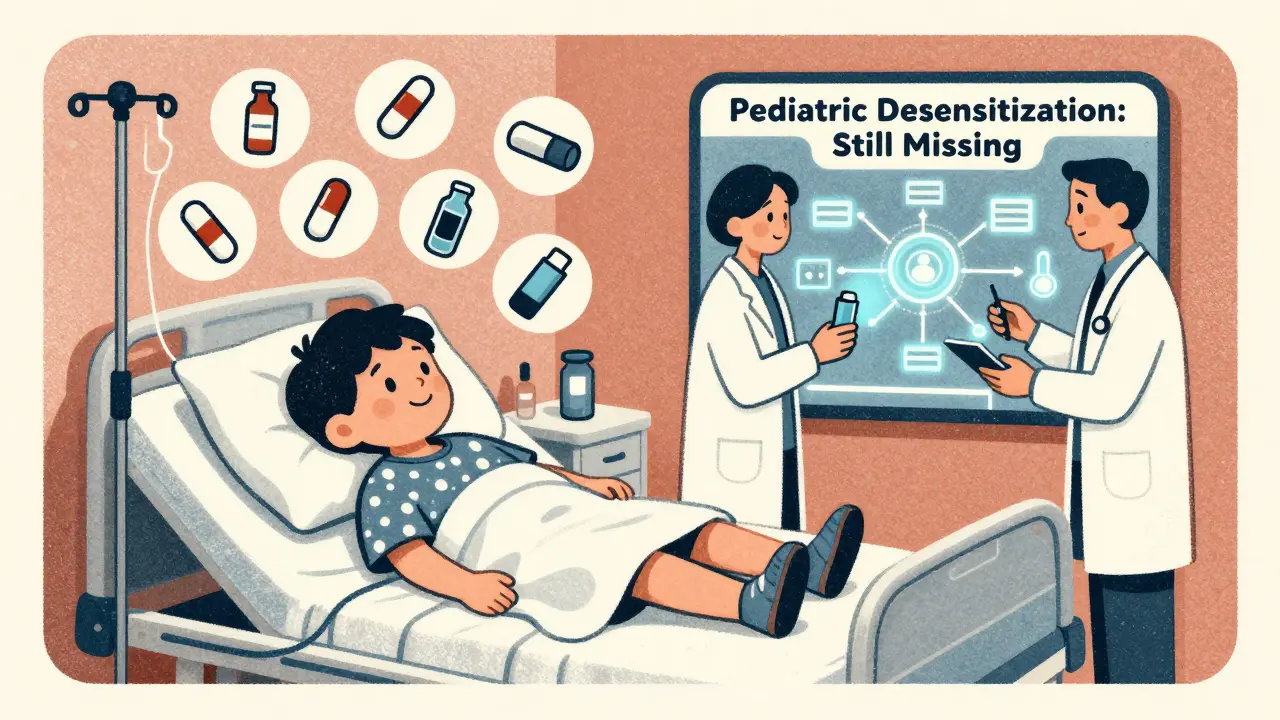 Child in hospital bed with drug icons floating around, while doctors review a flowchart labeled 'Pediatric Desensitization: Still Missing'.