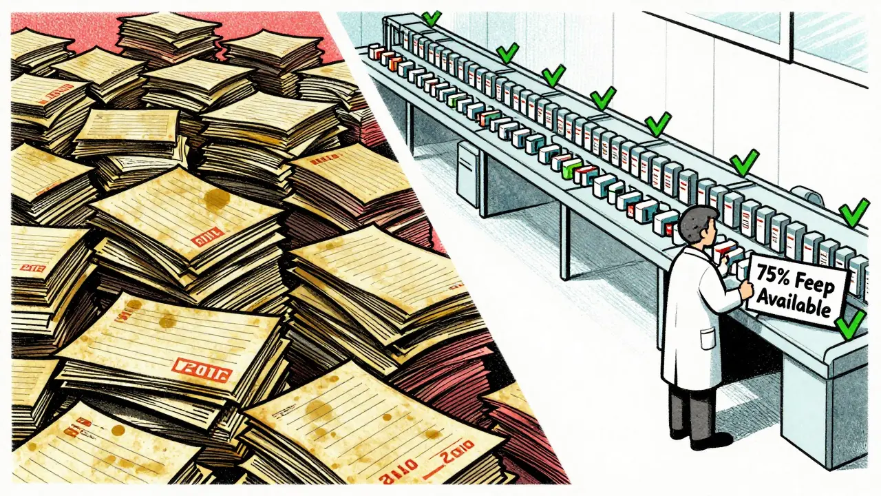 Left: dusty backlog of old drug applications; right: fast-moving line of approved generics with green checkmarks